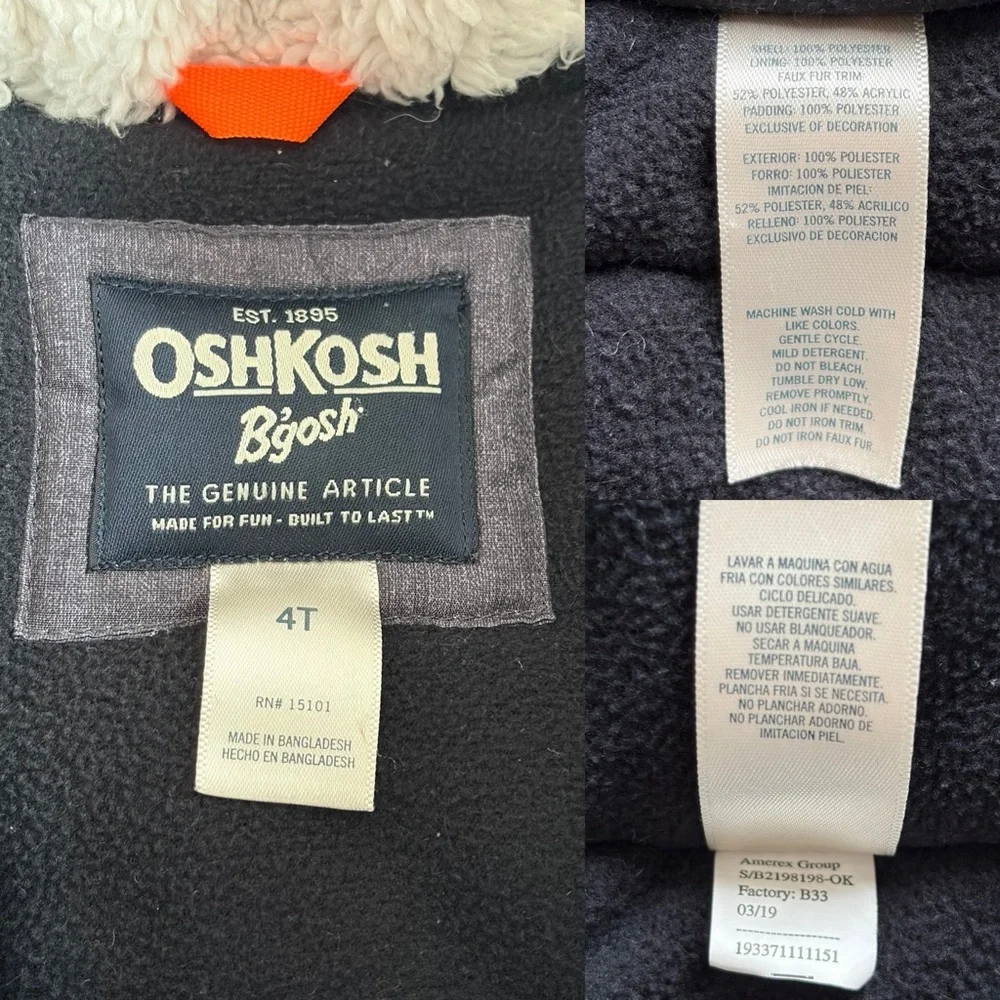 OshKosh B'gosh Charcoal Gray Kids Hooded Coat with Faux Fur Trim Boys 4T